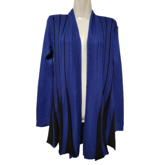 𝅺ROYAL Blue and Black Ribbed Waterfall Open Front Asymmetrical Cardigan  - NWOT - Picture 1 of 10